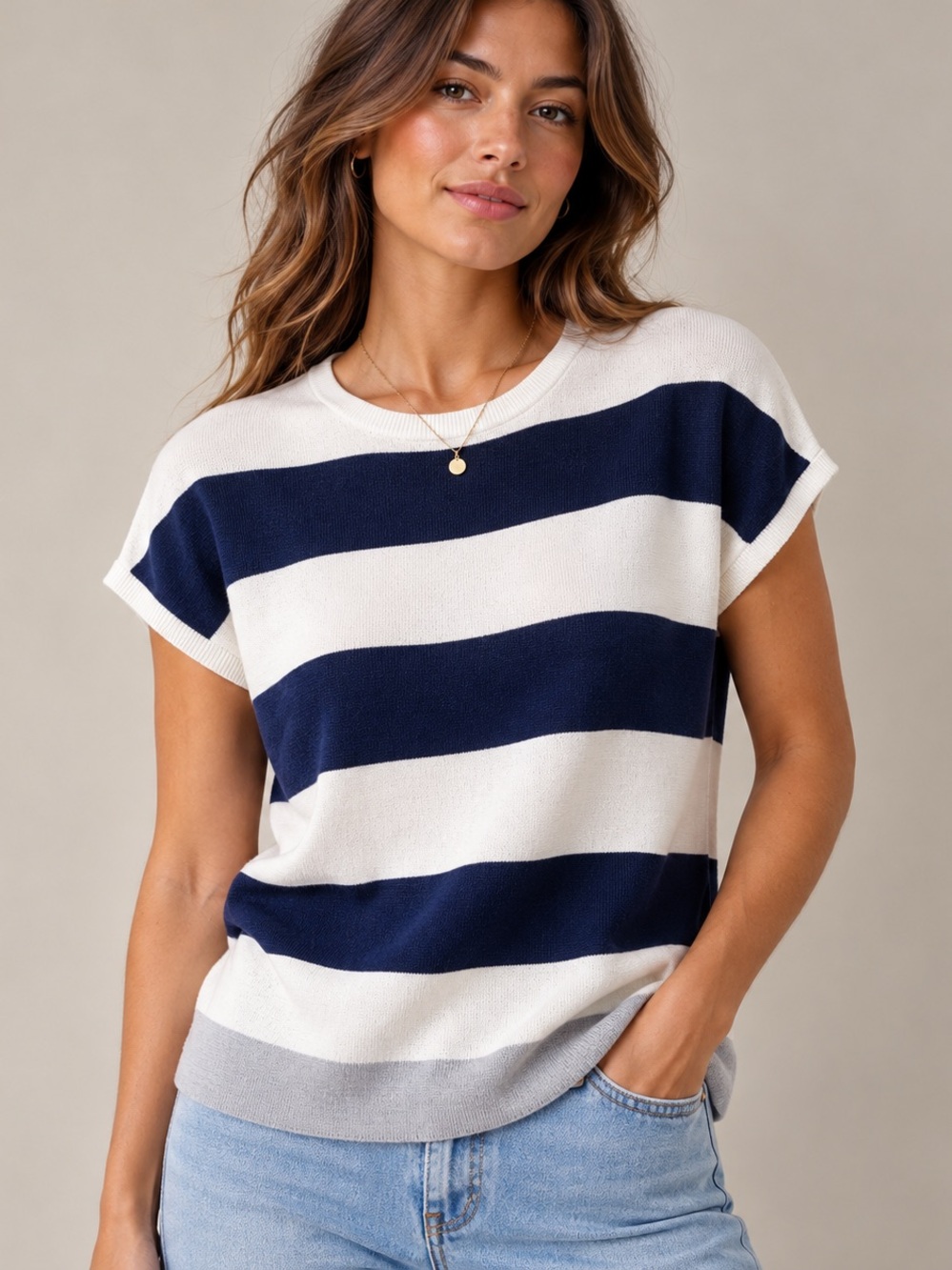 MARBLE Oversized Navy White Striped Lightweight Knit Sweater Top Cap Sleeve
